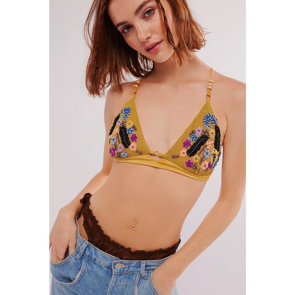 Free People-NWT-Calla Embellished Triangle Bralette Embroidered Lace Sz:M Ret$89